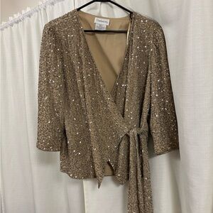 Chadwicks Sequin and Bead Embellished Wrap Top in Tan